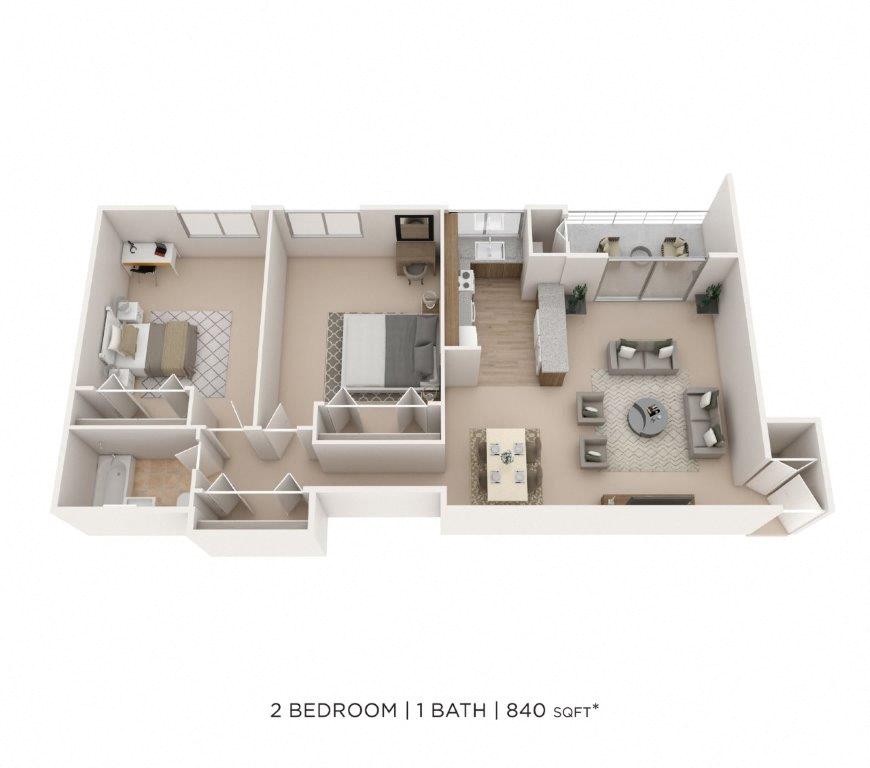Floor plan for 2 beds, 1 bath, 840 sqft